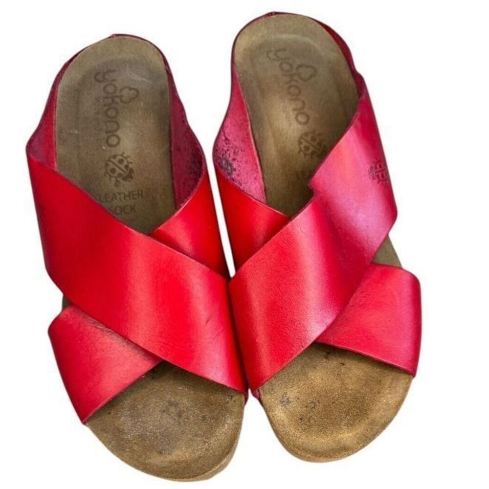 Yokono Strappy Red Leather Comfort Footbed Sandals Women's Size 9‎